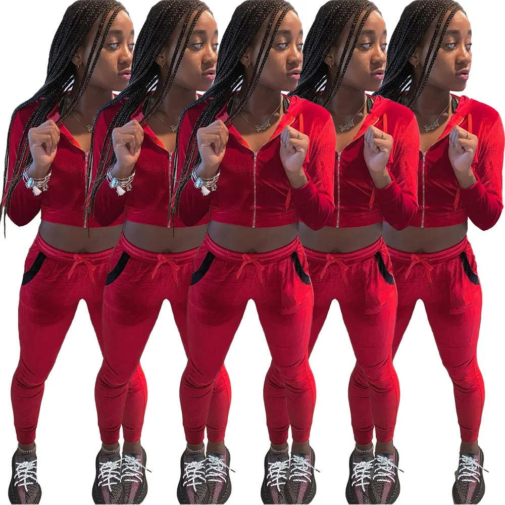 

10906-MX6 casual long sleeve golden velvet hoodie sweatshirt pants two piece set sehe fashion