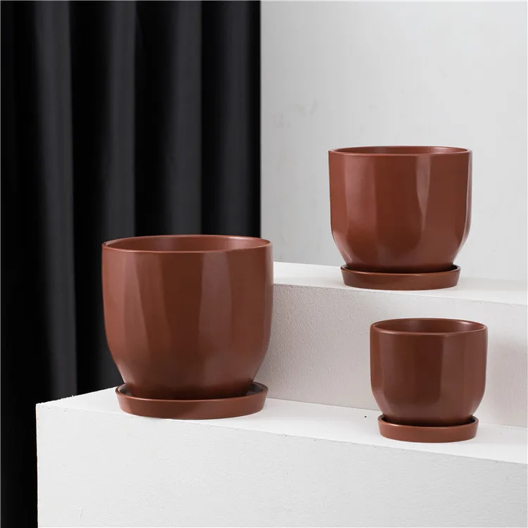 

Archaize style 3 pcs burgundy color ceramic flower planter pot for outdoor decoration