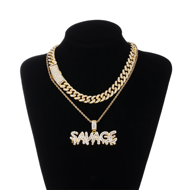 

DE New Iced Fancy Fashion Full Drill Alloy Jewelry Bling SAVAGE Dripping Letter Pendant with Chain Necklace Set