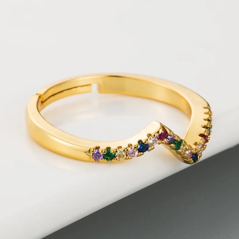 

Hot Selling Simple Style Wave Ring Micro Pave Colorful Zircon Adjustable Ring