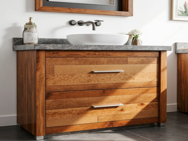 Reclaimed wood bathroom vanity with drainage gaps and marine sealant