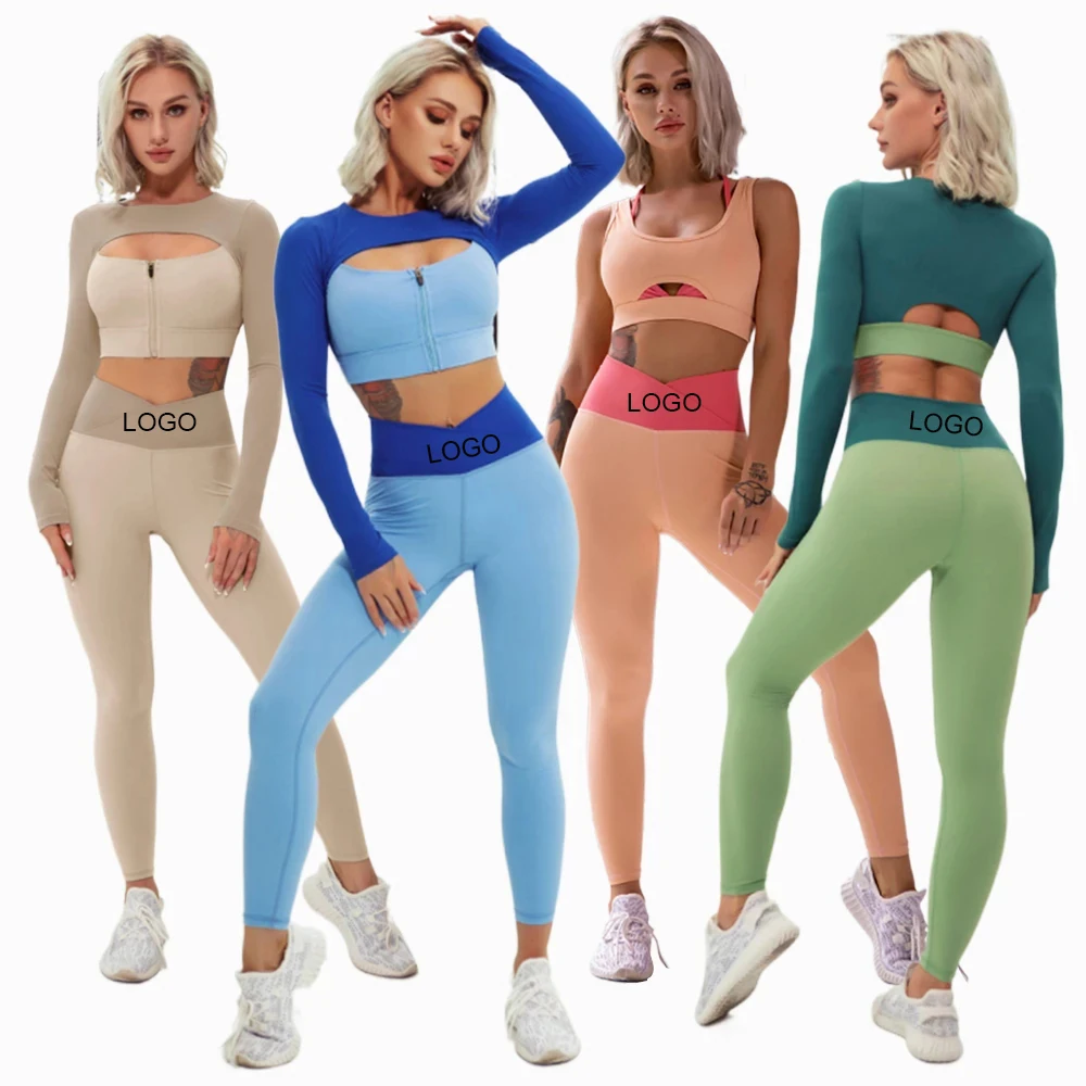 

Pashasunshine 2021 Women Patchwork Sportswear Two Piece Yoga Set Long Sleeve Shirts Sports Bra Leggings gym fitness sets, More colors