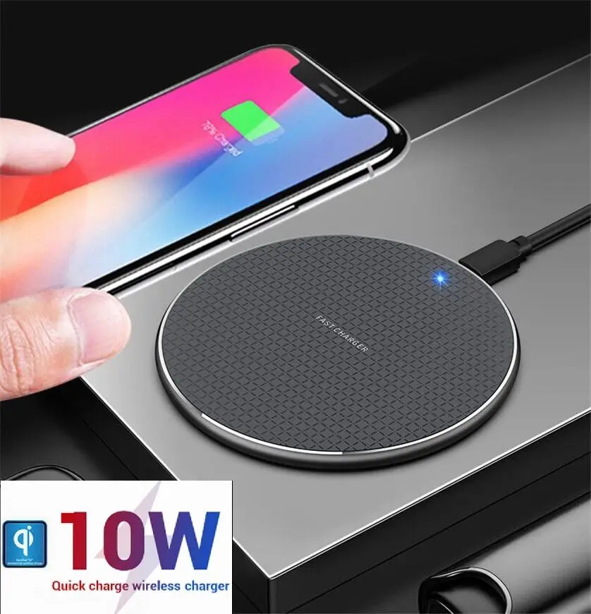 2020 latest 10W ultra thin metal Qi wireless fast charger portable wireless charging mat pad with led display light for iphone