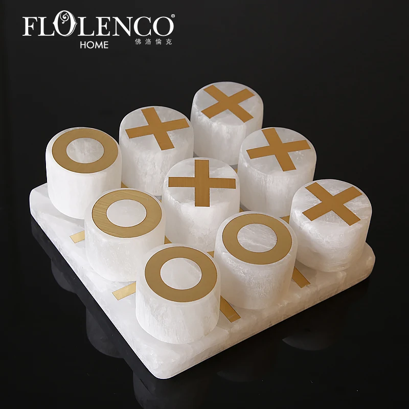 

Luxury Square Chessboard Gold X and O Decorative Spar Chess Set Pieces Tic Tac Toe Game, White