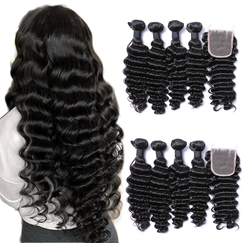 40 38 36 34 32 30 28 Inch Cheap Brazilian Hair Weave Bundles with Lace Closure Can Be Dyed Raw Virgin Brazilian Deep Wave Hair
