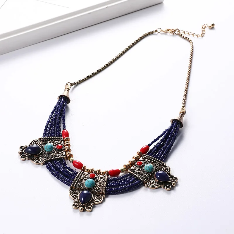 

Alloy oil drop Bohemian vintage folk look artificial gemstone beads chains necklace choker round women female pendant necklace