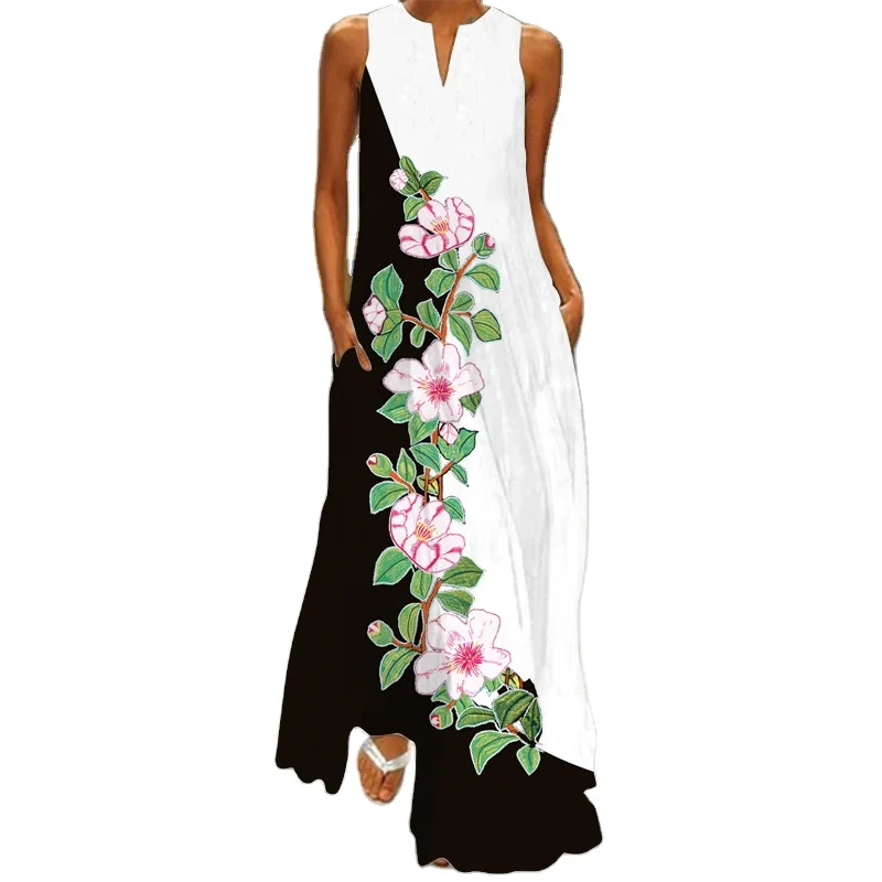 

3D Flowers Printed Women Sundress 2021 Summer V-neck Sleeveless Dress Casual Ladies Long Dress Large Size 5XL Female Maxi Dress