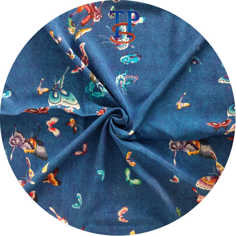 
40MM custom blue butterfly digital printing 95% silk 5% elastic spring heavy crepe de chine fabric 