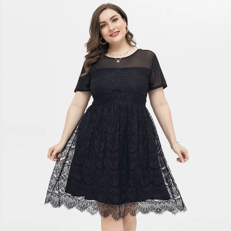 

Factory Direct Summer Women Elegant Short Sleeve Dress Patterns Plus Size Fat Lace Dress, Picture color