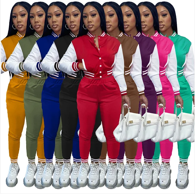 

2022 Woman Jogging Suits Cropped Baseball Letterman Jacket Set Women Sweatsuit Set Tracksuit Two Piece Winter Fall Set Woman, Picture