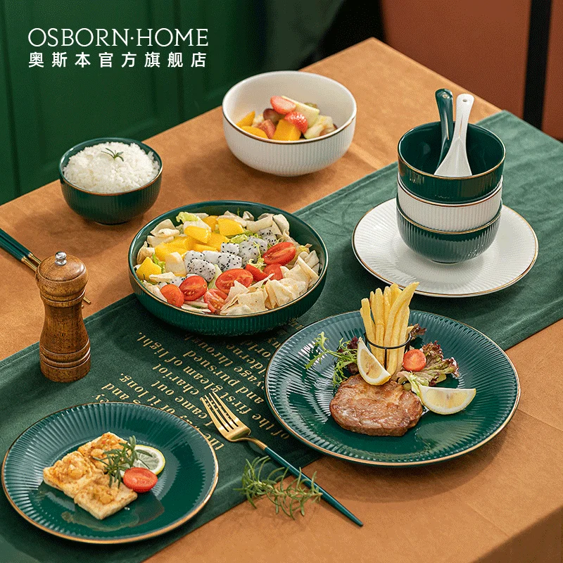 

OSBORN nordic Style Luxury plates bowls cutlery porcelain dinnerware sets tableware With Gold Trim, Picture
