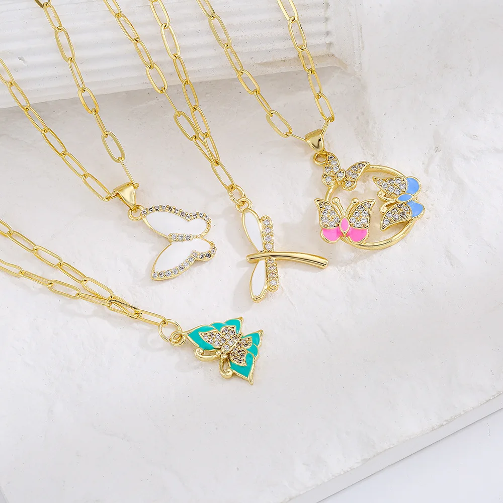 

Wish Hot Jewelry Enamel Zircon Butterfly Pendant Necklace 18k Gold Link Chain CZ Dragonfly Necklace