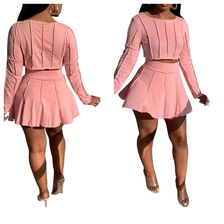 

LW new design fall 2 pc pleated skirt set women long sleeve pink mini two piece set skirt