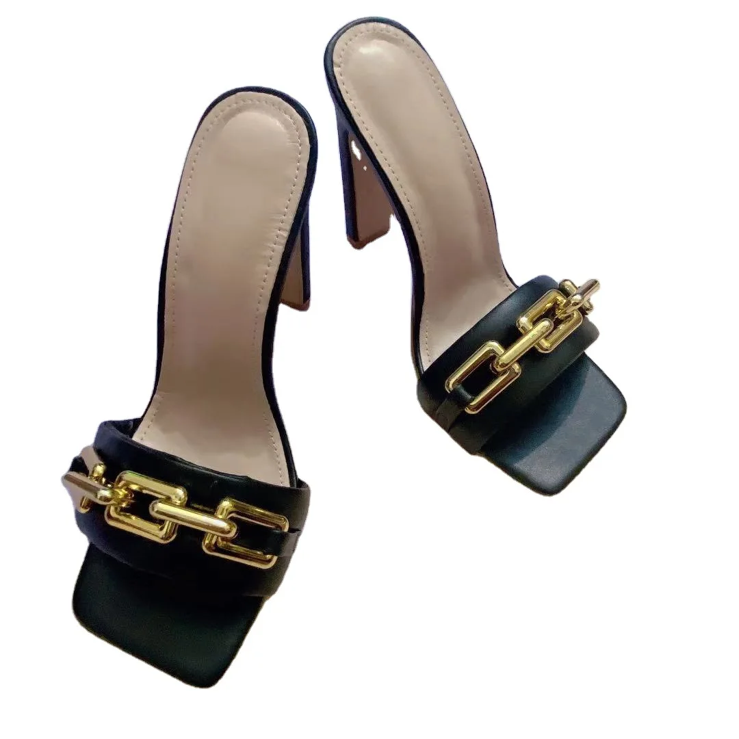 

Dropshipping Fashion Ladies Sandal Slippers Square Toe Open Toe Chain Block Heel Women Office Party Street Sandals Pumps