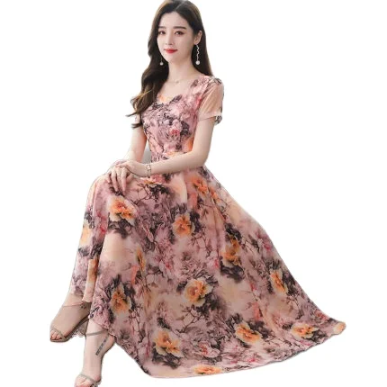 

Lady's temperament retro elegant ice silk dress women's new summer light ripe floral medium length skirt