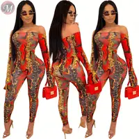 

9102332 fashion off shoulder long sleeve printed Womens Jumpsuits And Rompers Sexy Bodycon