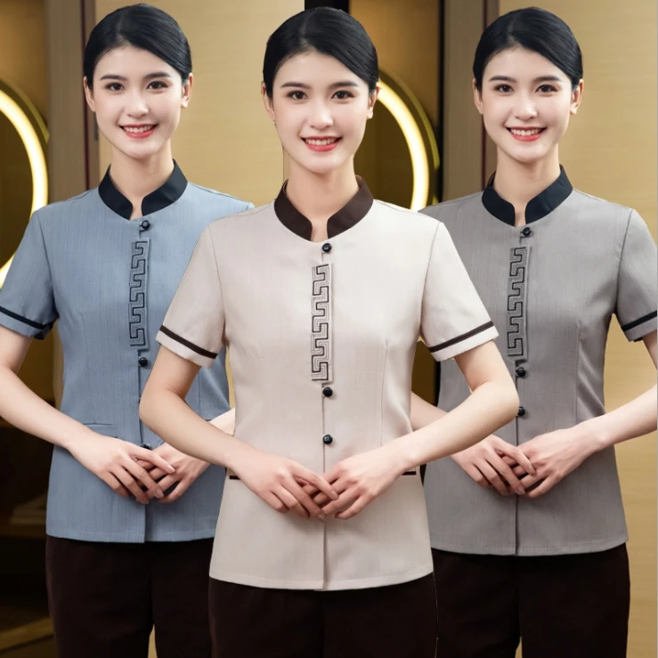 

Custom High Quality Hotel Staff Room Service Waiter Waitress Cleaner cleaning Hotel Uniforms with Logo Printed