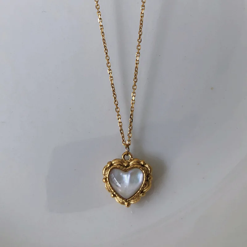 

French Baroque Chain Choker Necklace Jewelry 18k Gold Stainless Steel Double Sided Love Heart Pendant Necklaces