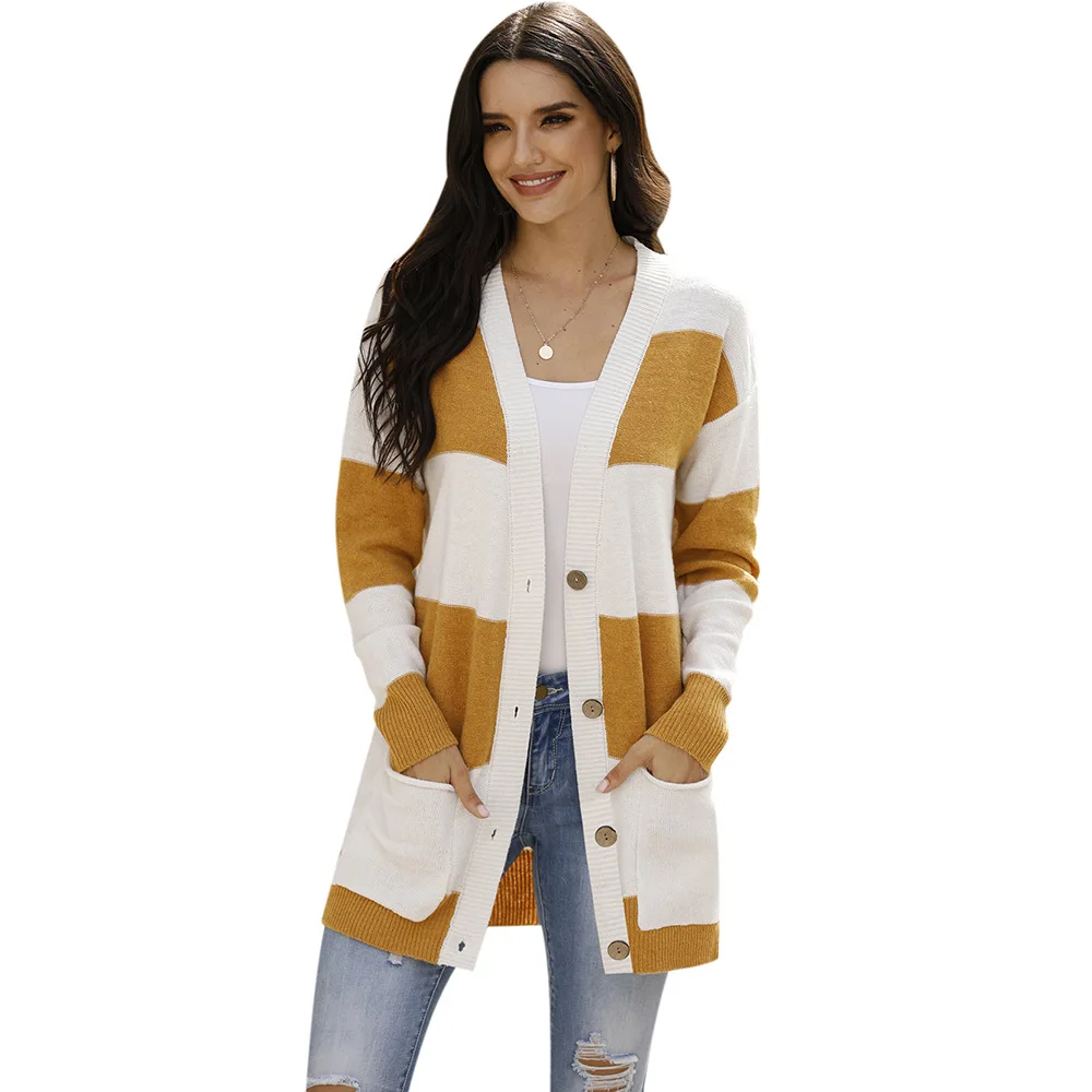 

2021 autumn hot selling new loose casual women's sweater striped single breasted pocket cardigan