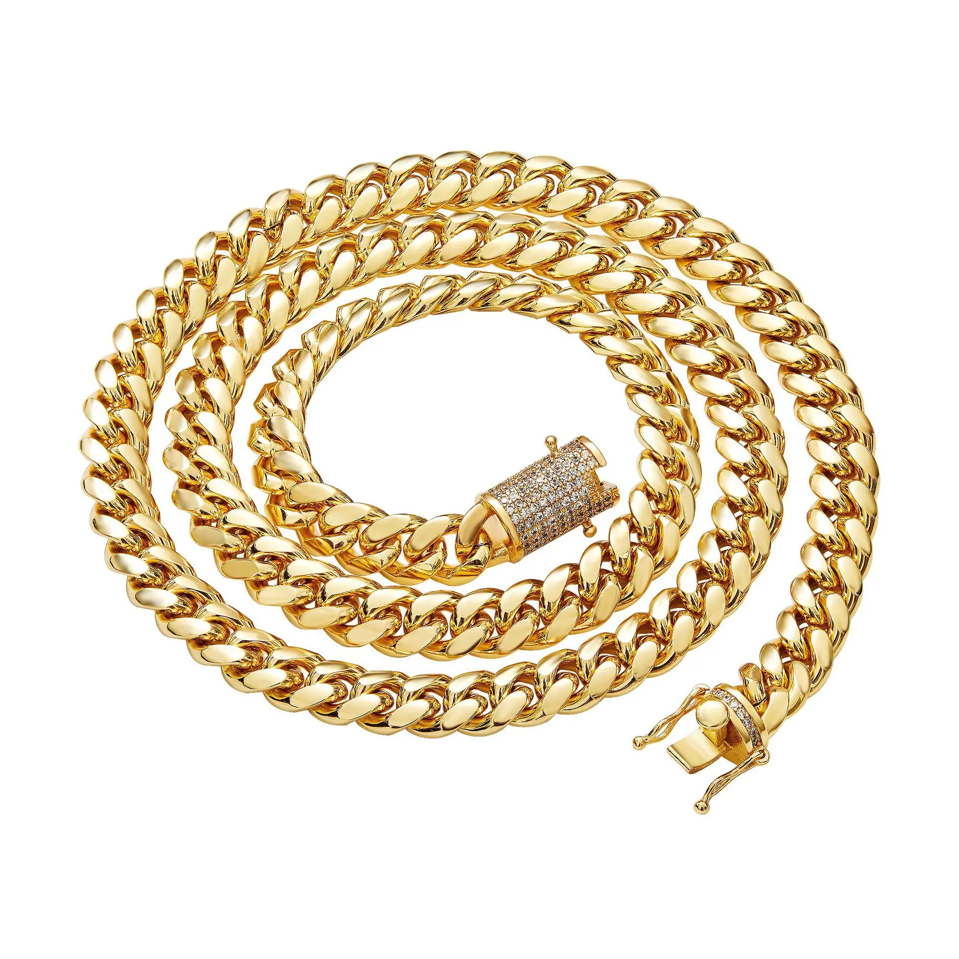 

Hot Selling Hips Hops Jewelry Thick 10mm Solid 18K Gold Cuban Chain Iced Out Stainless Steel Cuban Link Men's Necklace
