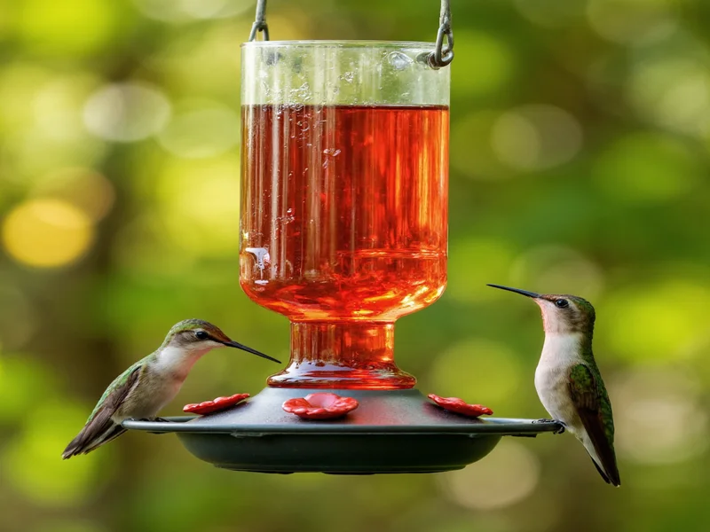Hummingbird feeder with homemade nectar in garden setting