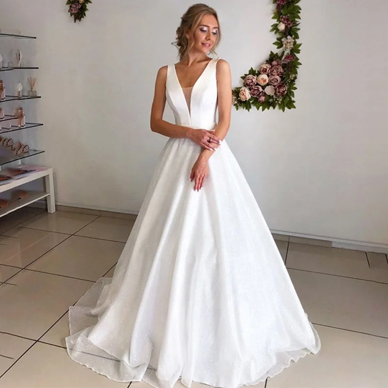

Simple V Neck Sleeveless Stain A Line Wedding Dress, Custom color