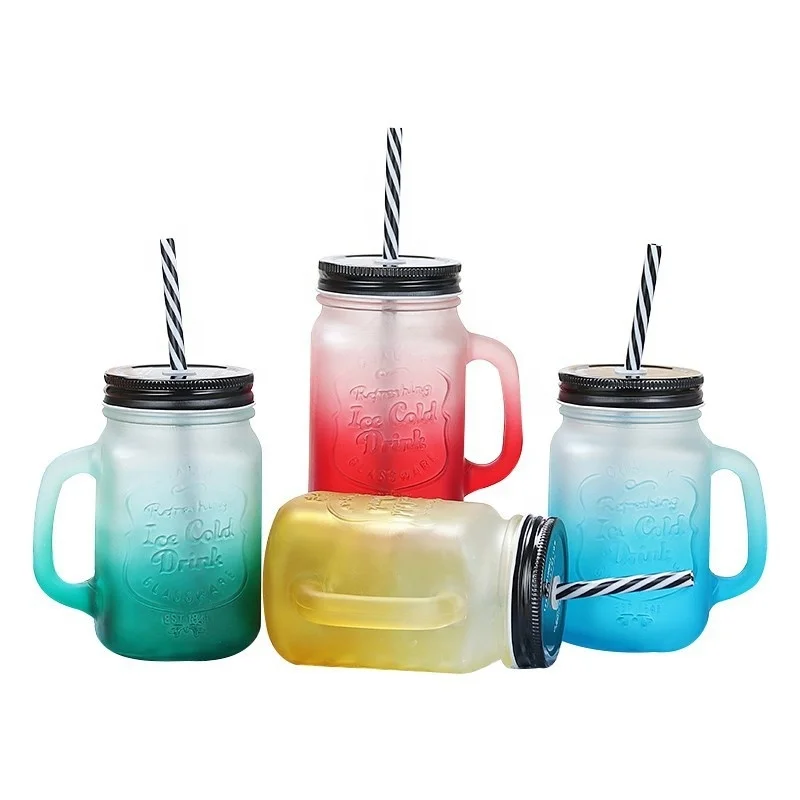 

450ml cold beverage use wholesale Factory price mason glass jar with handle lid and straw, High transparency