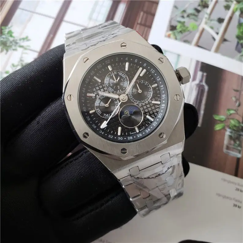 

Oak Complete Calendar moon phase grid dial silver case high-end luxury brand mechanical fashion 42MM sport watch