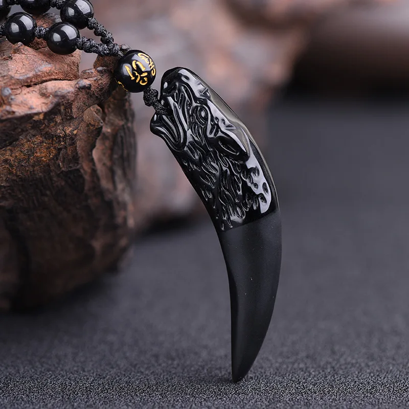 

New 100% natural obsidian Wolf's Tooth pendant Tooth lucky Amulet and hyperbole punk necklace lucky win necklace for men