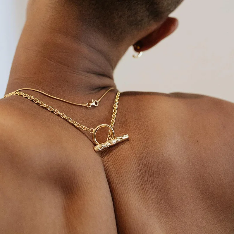 

Hip Hop Minimalist 18K Real Gold Plated Copper Ot Buckle Cuban Link Bar Pendant Lariat Choker Necklace Men Women Unisex