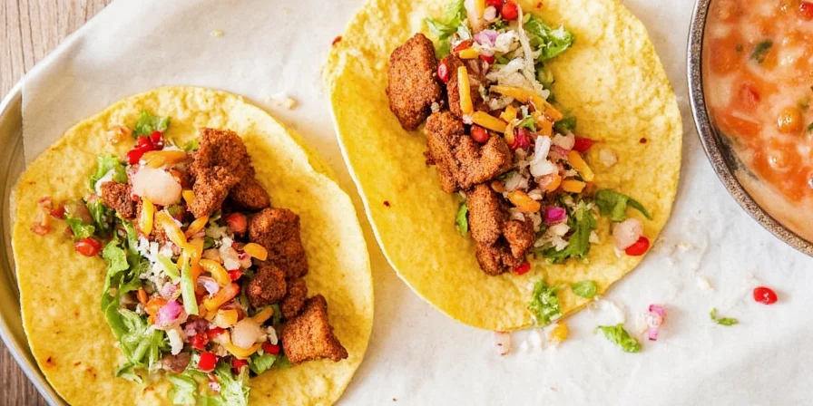 Za'atar-seasoned jackfruit taco topped with vegan feta and pickled vegetables