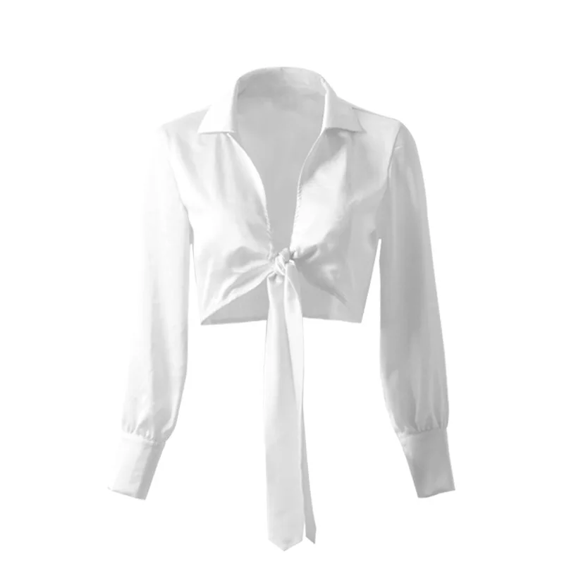 

Stylish Casual V-neck Satin Top Spring/summer Long-sleeved Tie Knot Sexy Bottom Shirt Women's Wear.