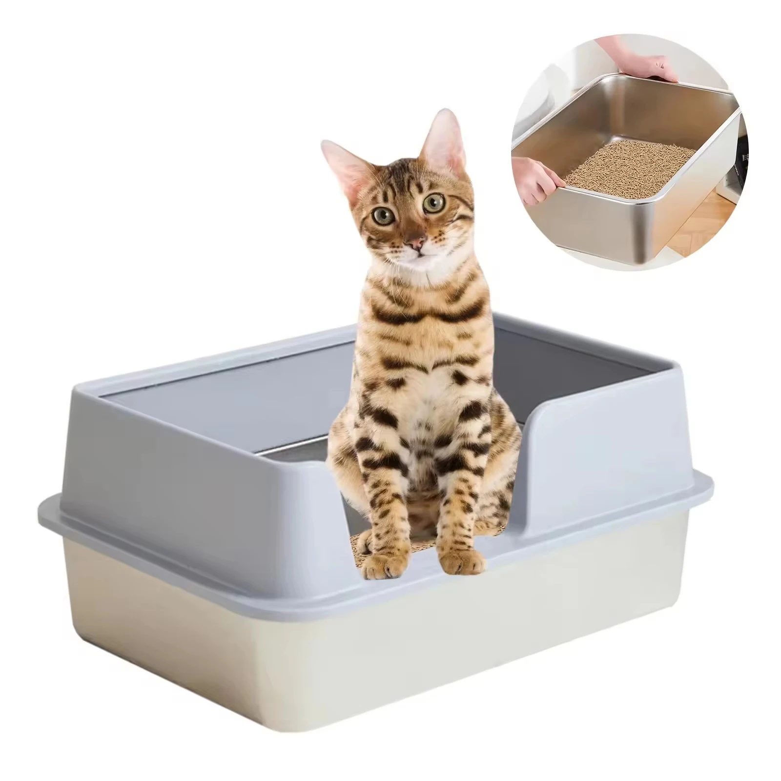 Semi-Enclosed Stainless Steel Cat Litter Box with Handle Large Litter Box for Cats Metal Litter Pan Tray Toilet Cat Box