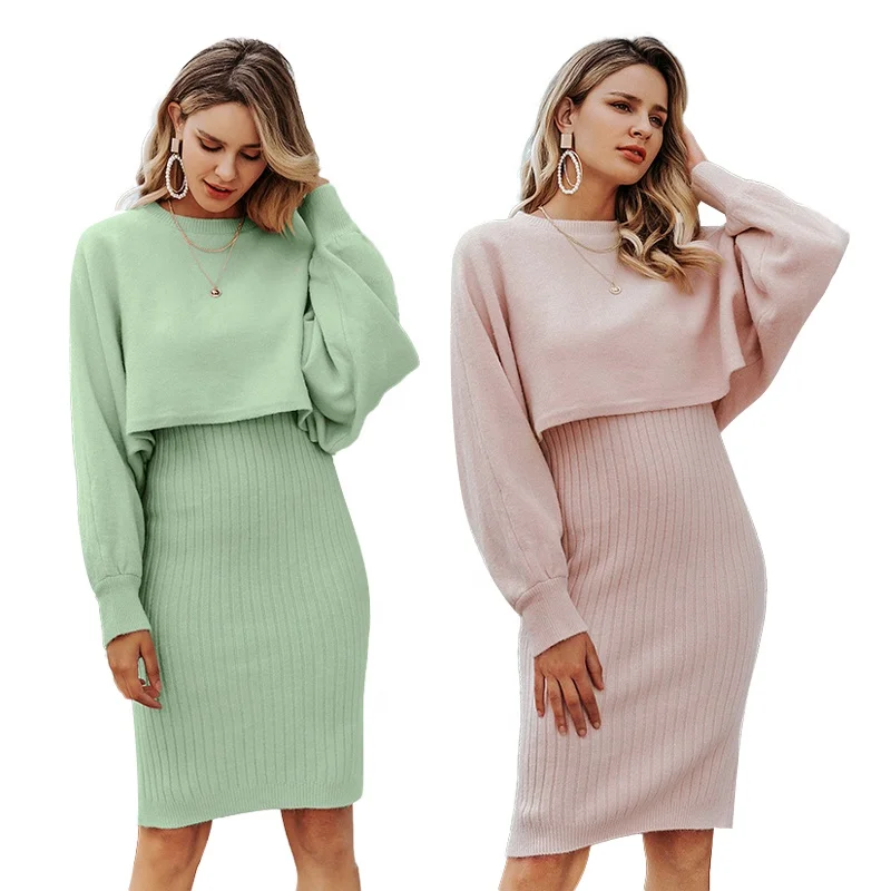 

Knit dress two-piece set for fall/winter 2021 new fashion solid color pullover women, Customized colors