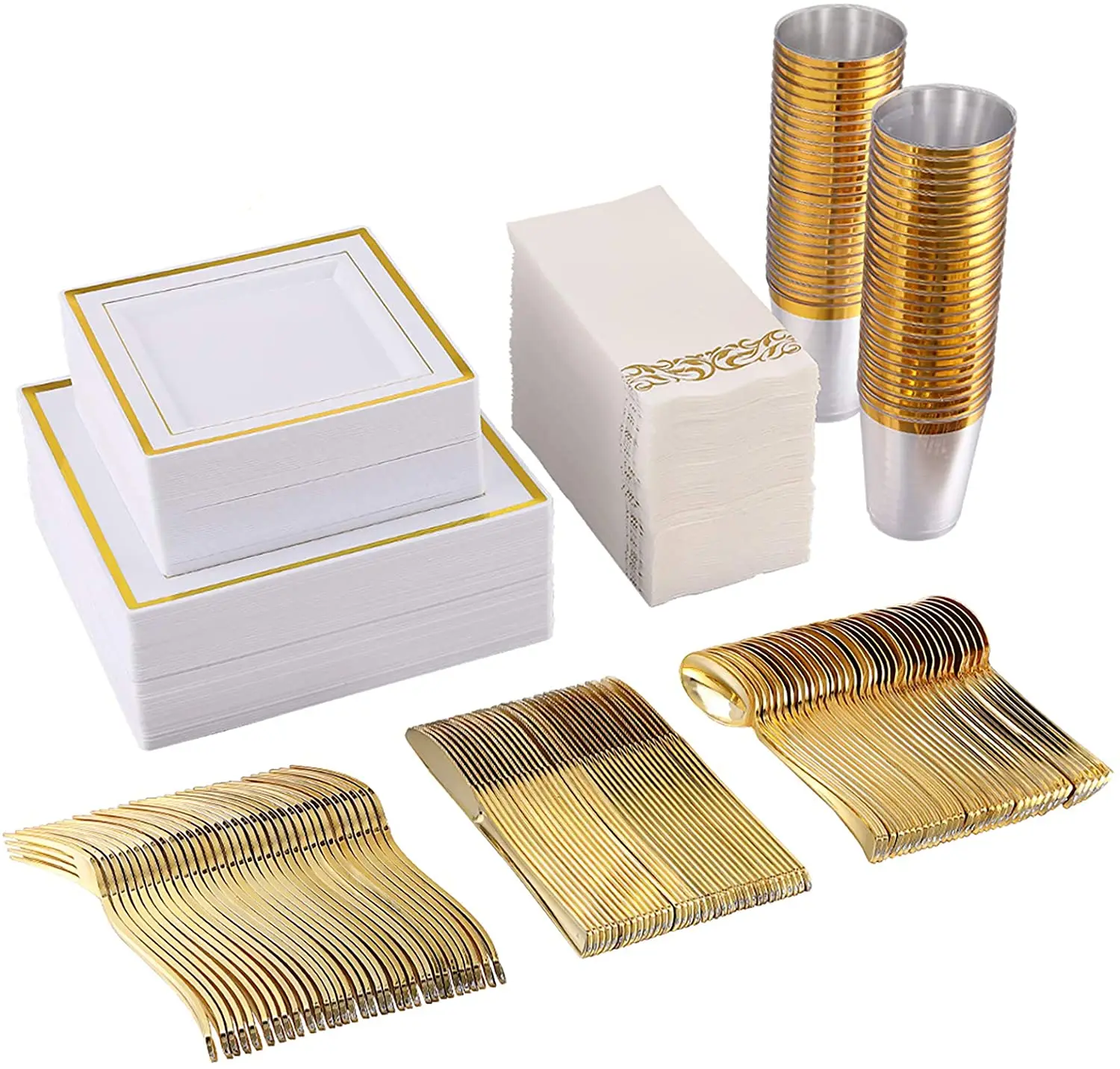 

Disposable plastic dinnerware square dinner plates plastic dinnerware sets gold for weddings, parties, Christmas, etc.
