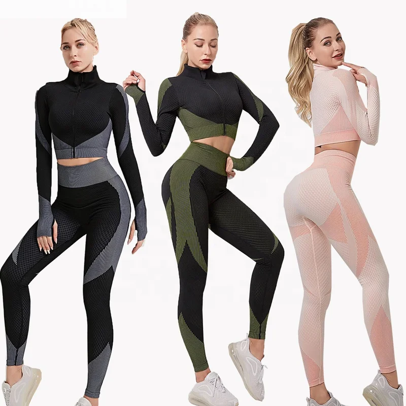 

New Design High Neck Seamless activewear set with Zipper Long Sleeve Yoga Jacket yoga set fitness women gym clothing