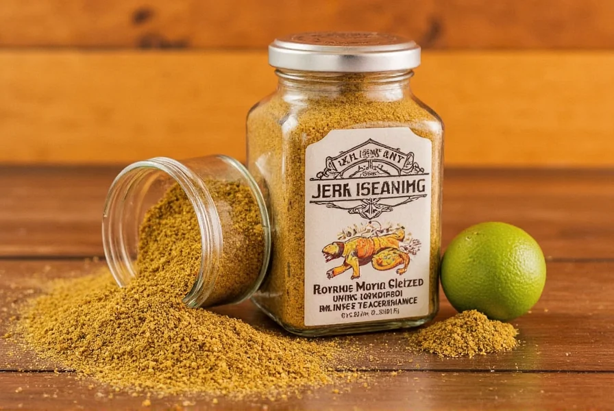 Jerk seasoning displayed on a rustic wooden table