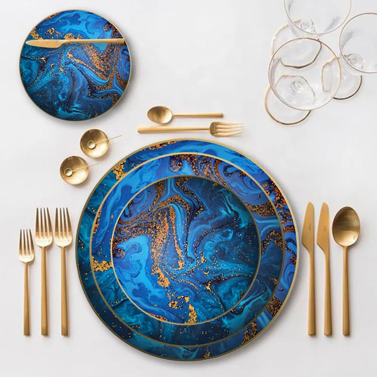 

New Arrival Kitchen Utensils Blue Planet Gold Rimmed Custom Print Ceramic Bone China Dinner Plates Dinnerware Sets, As shown