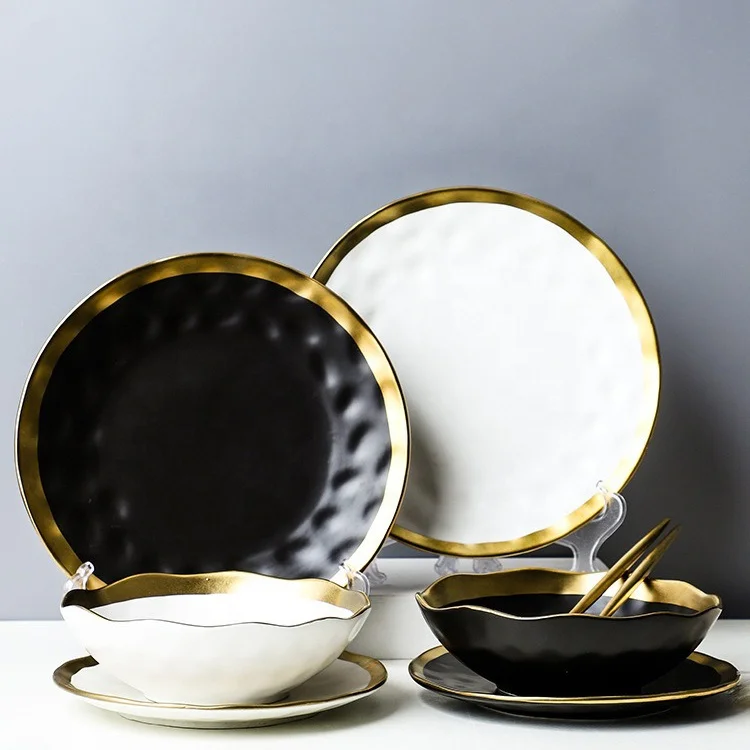 

Black Modern Korean Dinnerware Set With Gold RIM European Style Porcelain Dinnerware Set