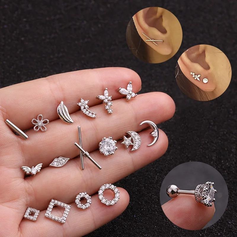 

Silver Color Zircon Moon Star leaf flower geometry stud earrings for Women Creative Ear Bone Small Puncture Jewelry