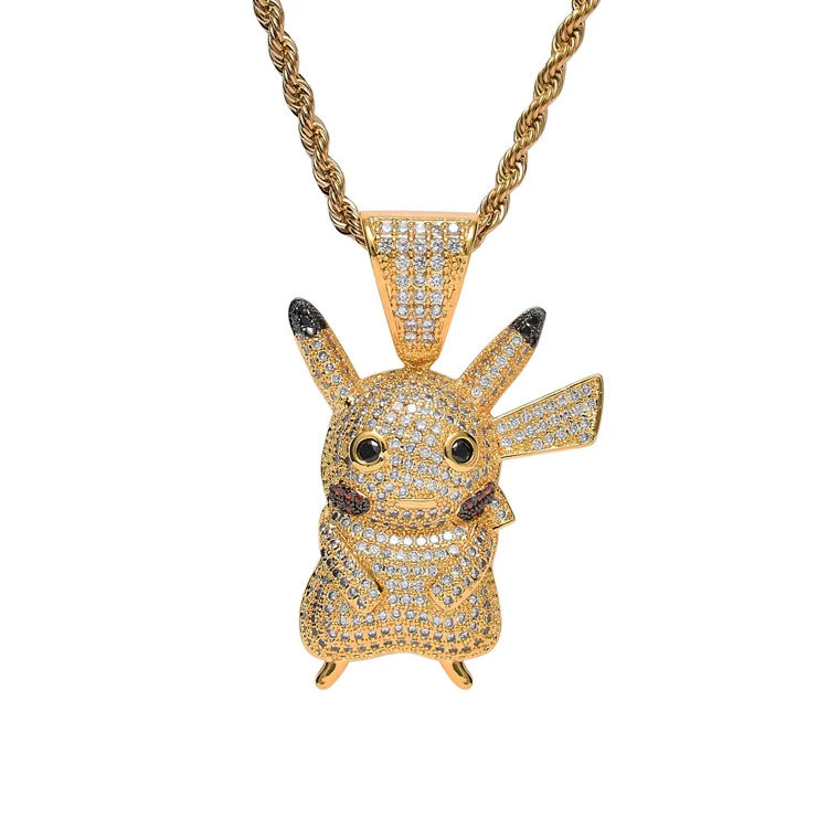 

New design personality zircon brass hiphop necklacecartoon Pikachu pendant necklace, Gold ,silver color