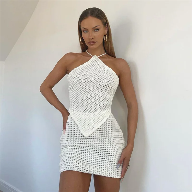 

Kliou W21S05700 Knitted Backless Sexy 2 Piece Set Women Skirt And Crop Top Women's Sets
