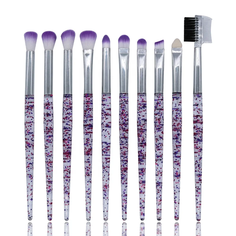 

10 Pcs Pink Purple Bling Glitter Transparent Diamond Crystal Handle Professional Blending Eye Face Makeup Brush Set Kit