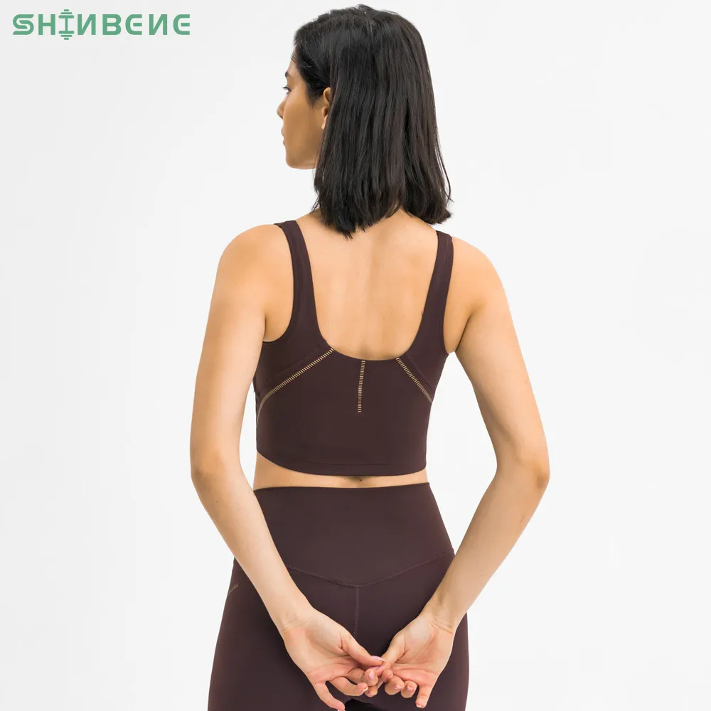 

SHINBENE Low-Mid Support Yoga Longline Sport Bra Top Women Front V-neck Gym Cropped Bras Tops Cozy Padded Fitness Crop Top