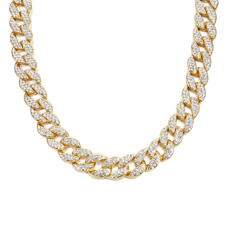 Rock 15mm Miami Curb Cuban Necklace For Men Gold Crystal Iced Out Link Chain Jewelry Chorke