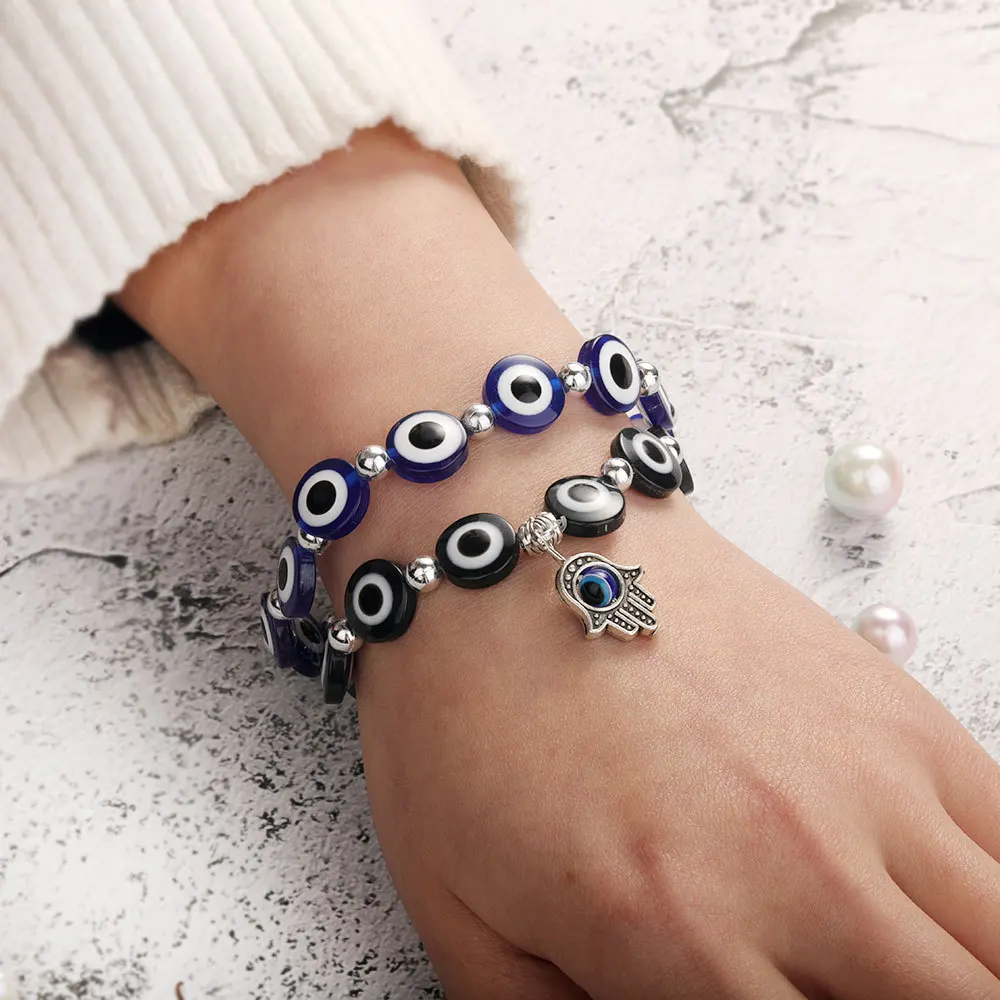 

Blue Evil Eyes Beaded Bracelet Fatima Palm Hamsa Hand Bracelets Demon Eyes Turkish Nazar Bangles Amulet Jewelry