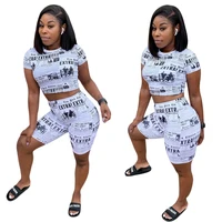 

Woman clothing Two Pieces Sets Short Sleeve Newspaper Print Casual 2 Pieces Romper
