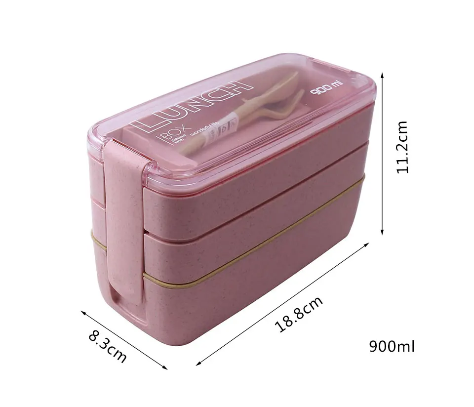 900ml 3-Layer Bento Box Spoon Lunch Box Food Container Eco-Friendly Leakproof 