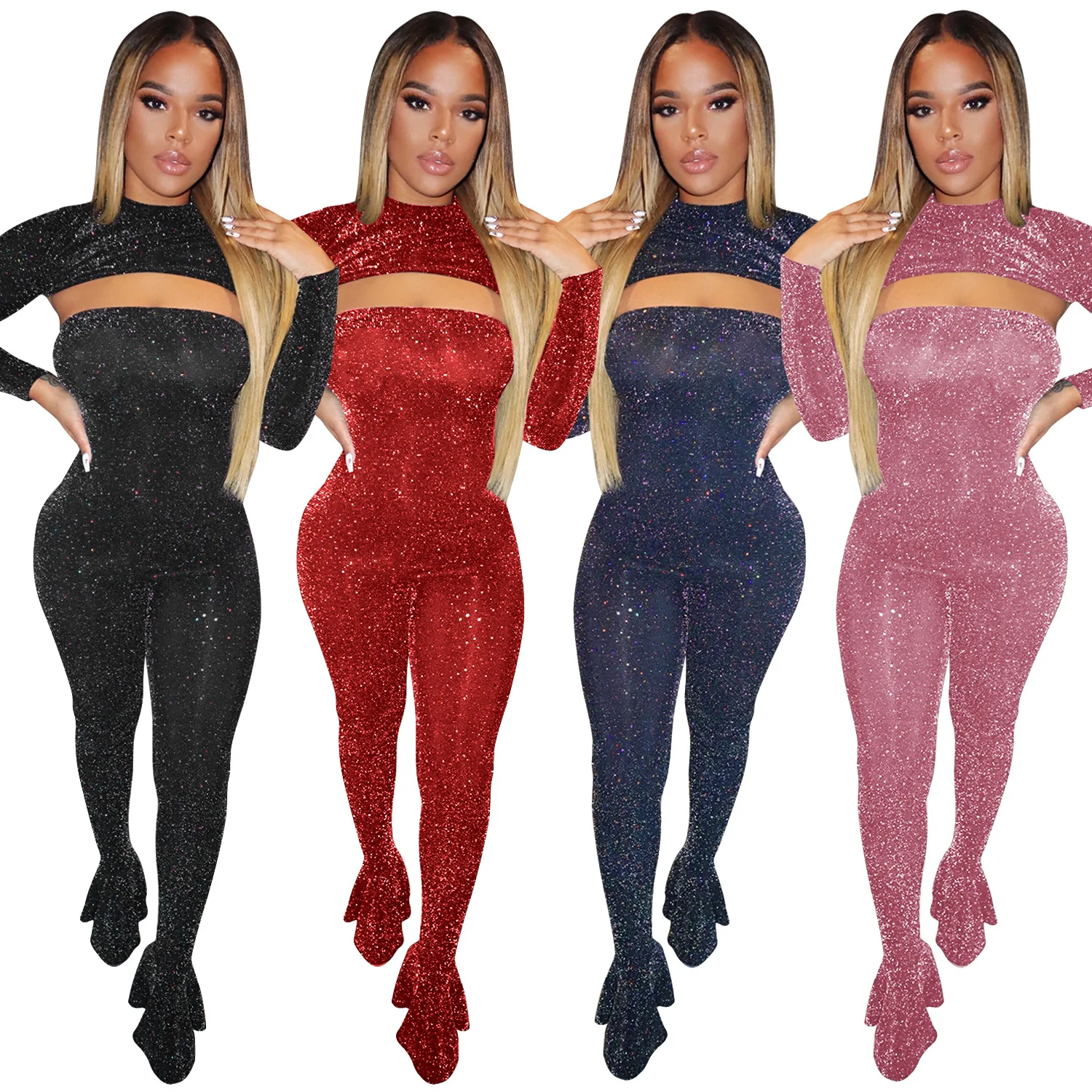 

H4759 - Women Flare Pants And Top Fashion Shiny Bling 2 Piece Set Clothing
