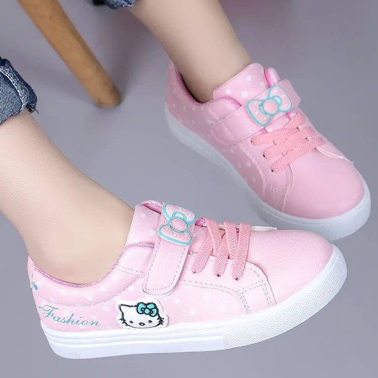 
white pink hello-kitty cat kids sweet cute school sport leather footwear student girl casual children sneaker shoes 